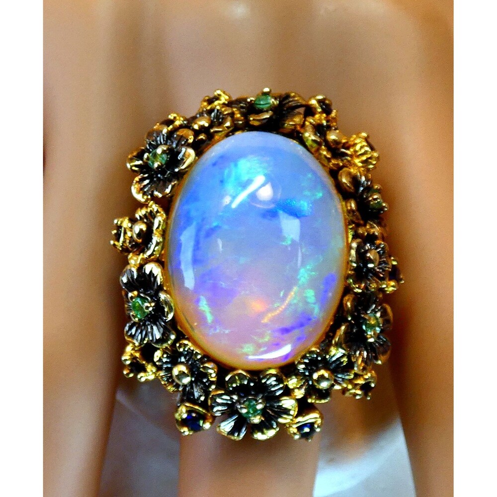 HUGE 26CT Ethiopian Welo Opal Emeralds- Blue Sapphires Sterling Silver Ring